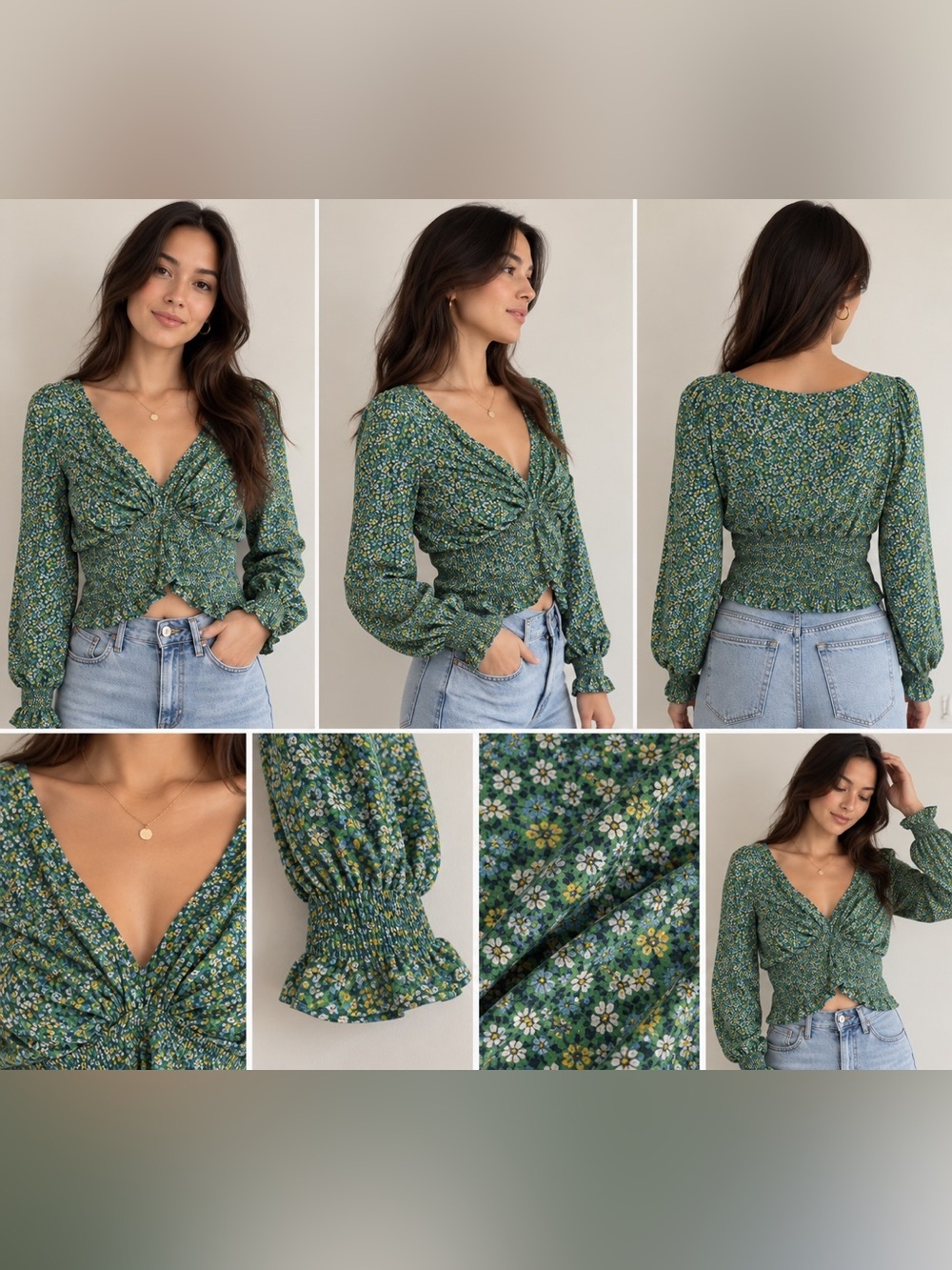 Urban Outfitters green floral smocked blouse